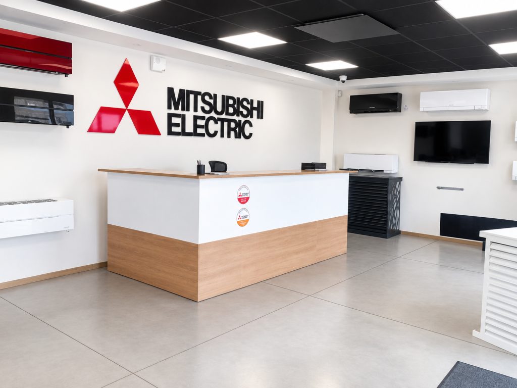 L'accueil avec les climatiseurs Mitsubishi Electric exposés au mur